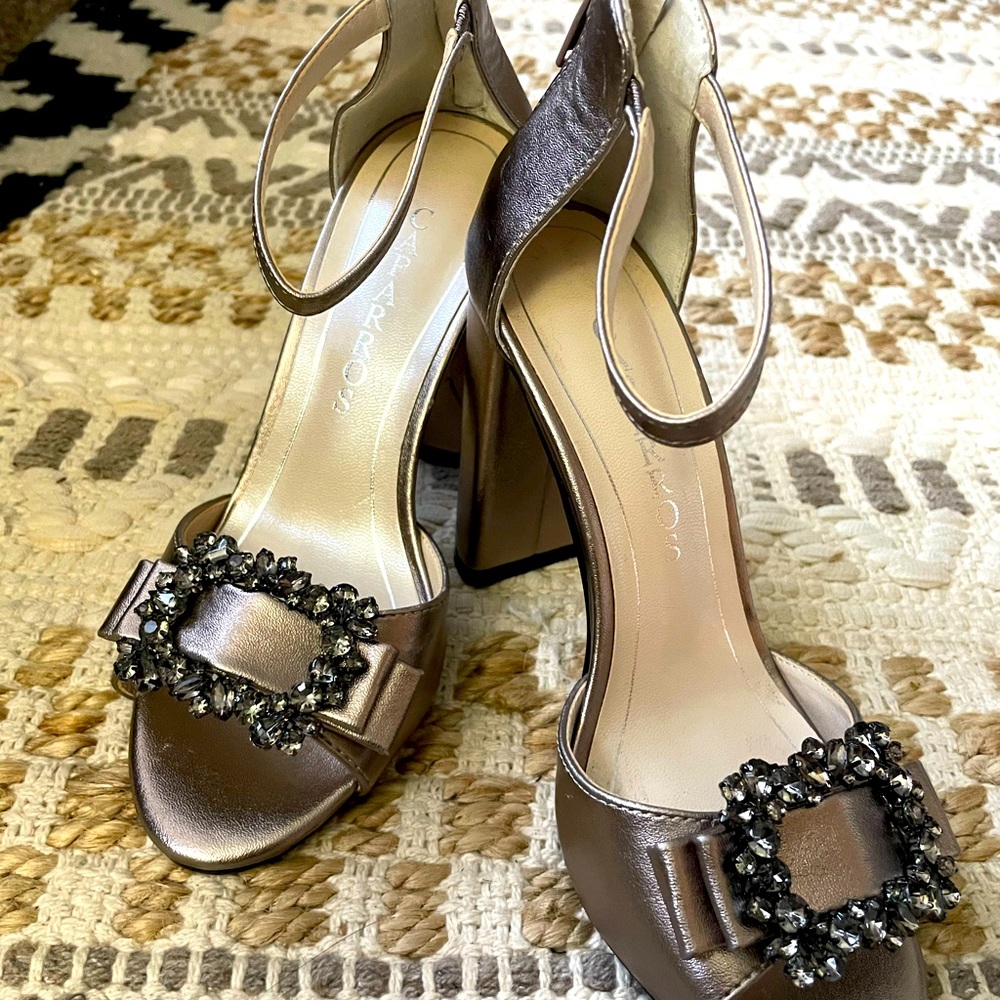 Size 6.5 Womens Caparros Ankle Strap Heels Embellished silver/bronze blend metal